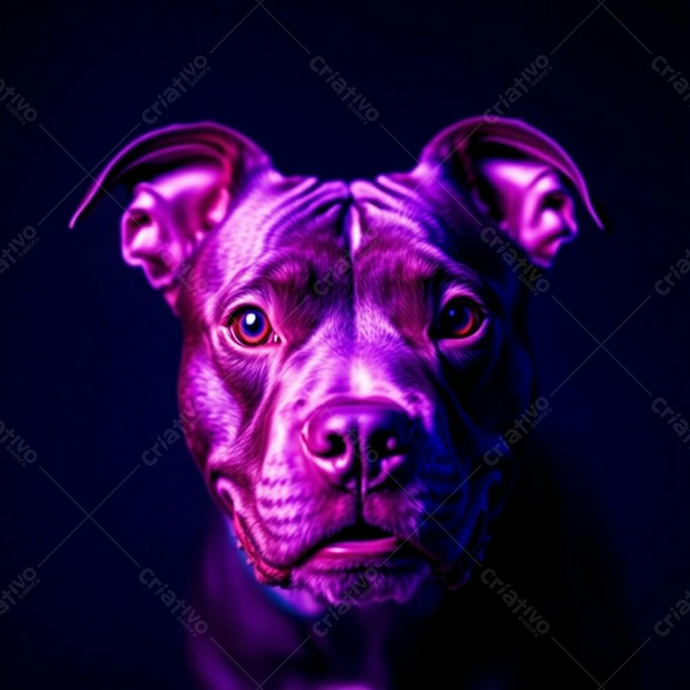 A Photorealistic Image Of An Adorable Pitbull Dog, Deep Ultraviolet Hues, Vivid Purples, High Contrast, Charming Features