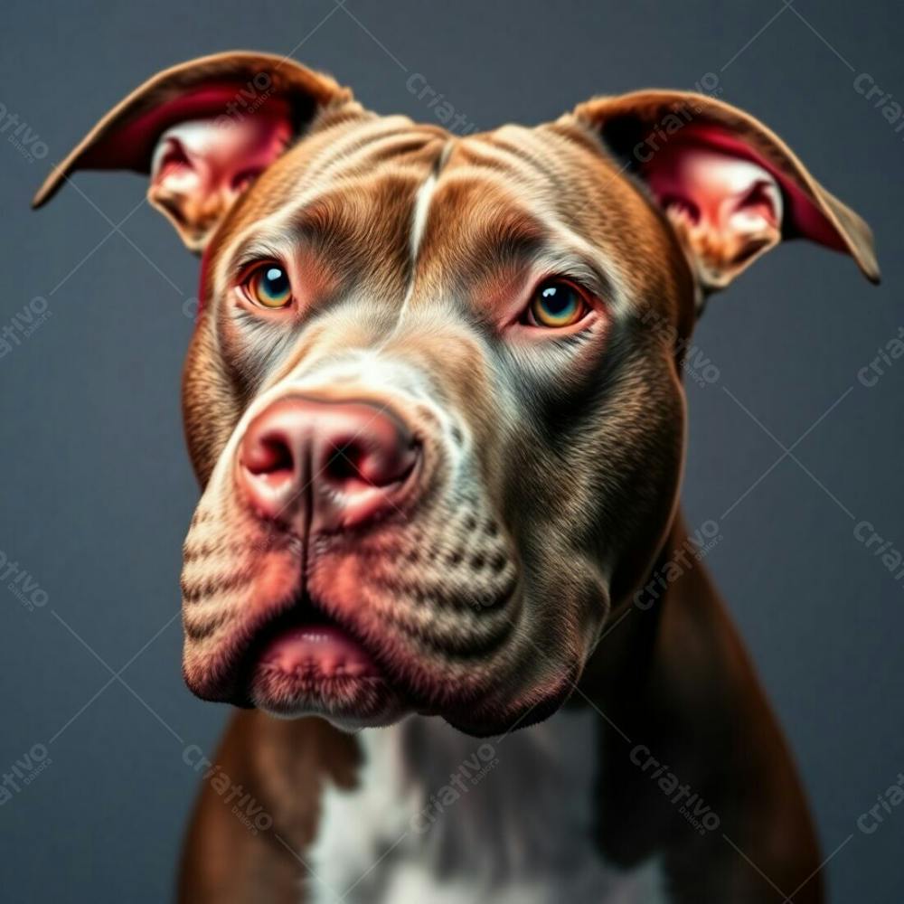 A Photorealistic Pitbull Image, Vivid Electric Colors, Highlighting Its Elegant Posture And Refined Facial Features, Sharp Focus, Detailed Fur Texture