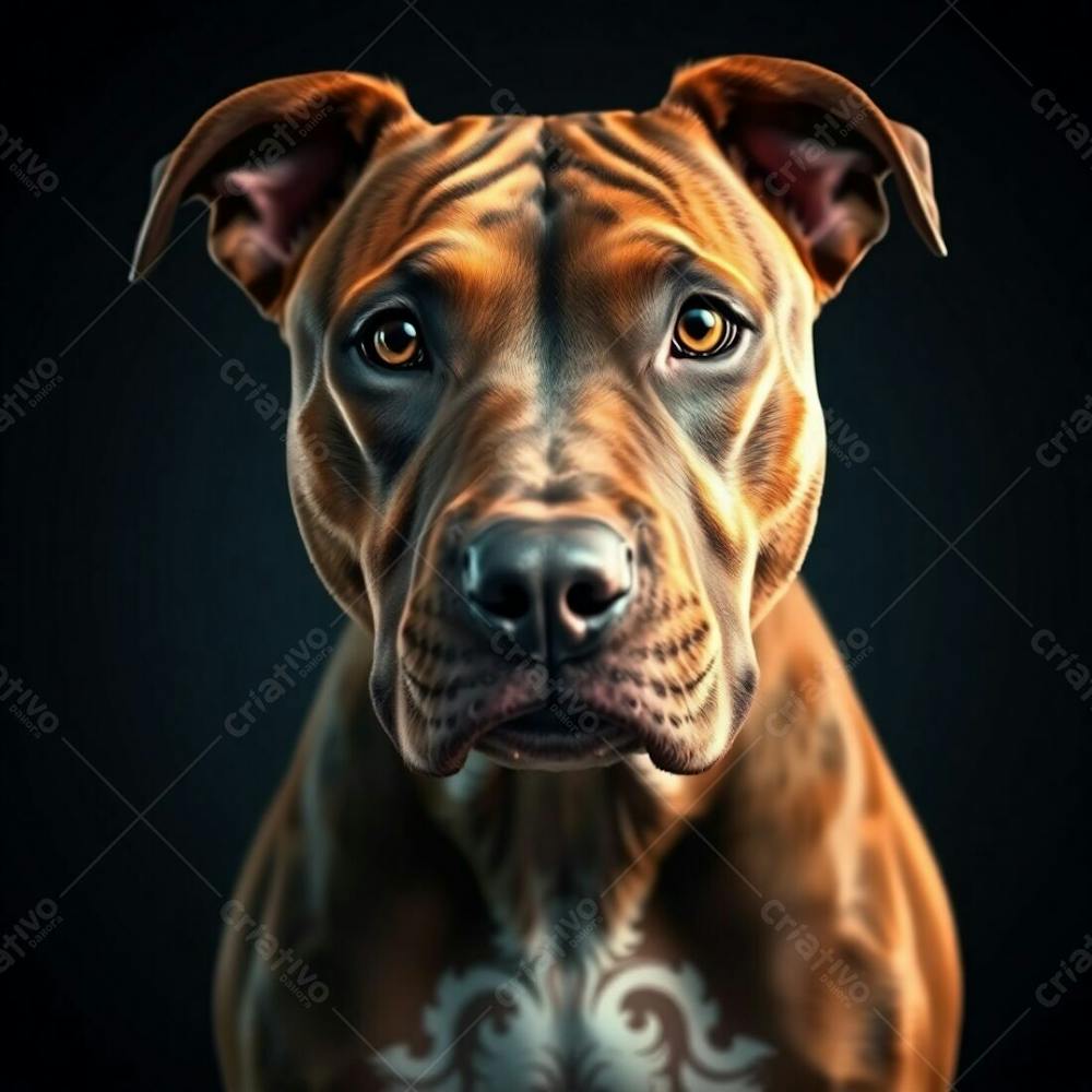 Close Up Photorealistic Image Of A Pitbull, Electric Colors, Showcasing Its Refined Features, Elegant Pose, And Muscular Physique, Dramatic Lighting