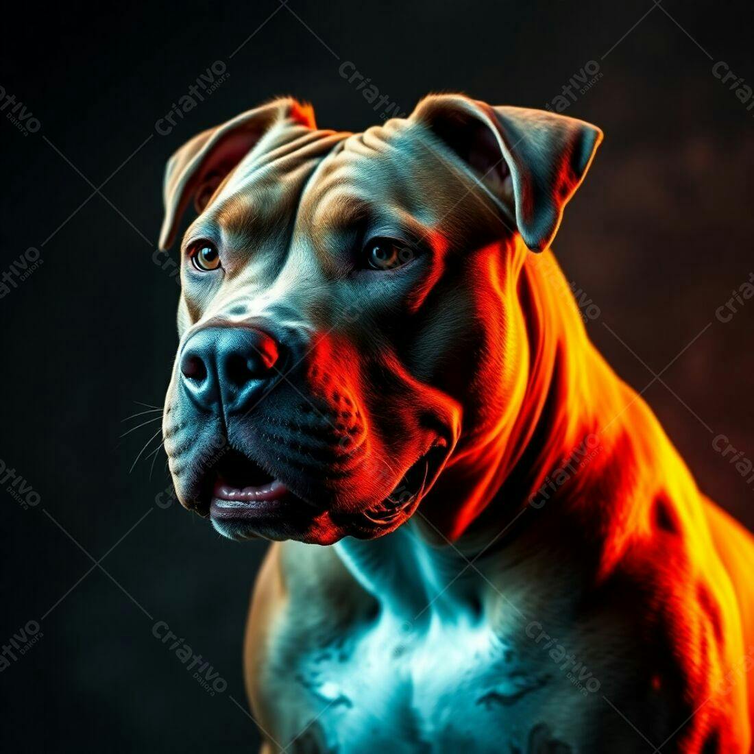 Pitbull iluminado em tons vermelho e azul