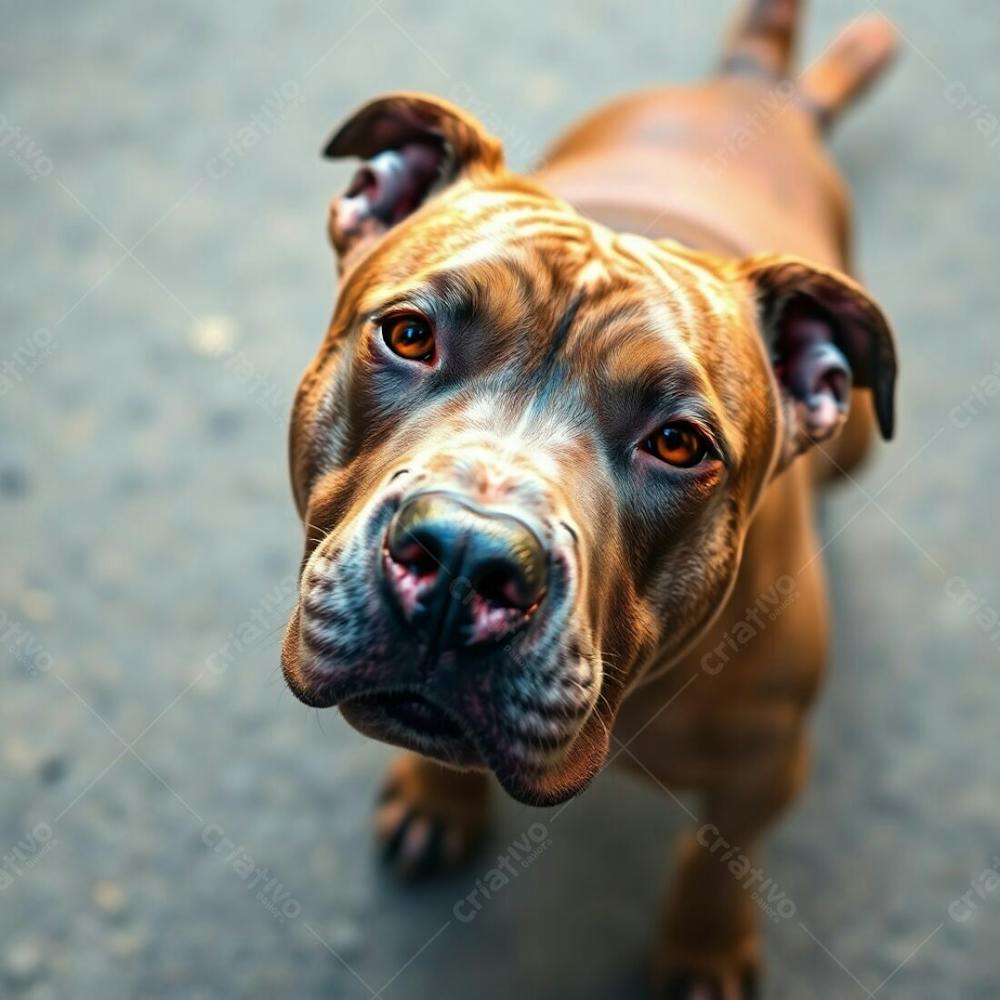 High Angle Perspective Photorealistic Image Of A Pitbull Dog, Iridescent Colors And Reflections, Looking Down, Elevated Viewpoint, Detailed Fur