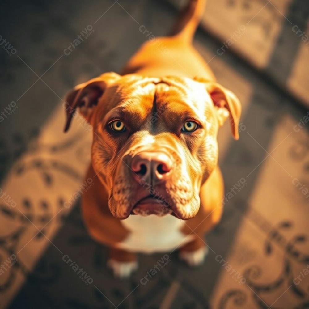 High Angle Perspective Photorealistic Image Of A Pitbull Dog, Warm Golden Glow, Radiant And Luxurious Appearance, Looking Down, Elevated Viewpoint