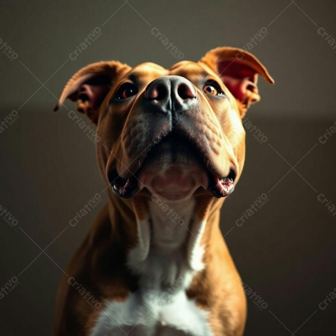 Pitbull marrom olhando para cima fundo escuro