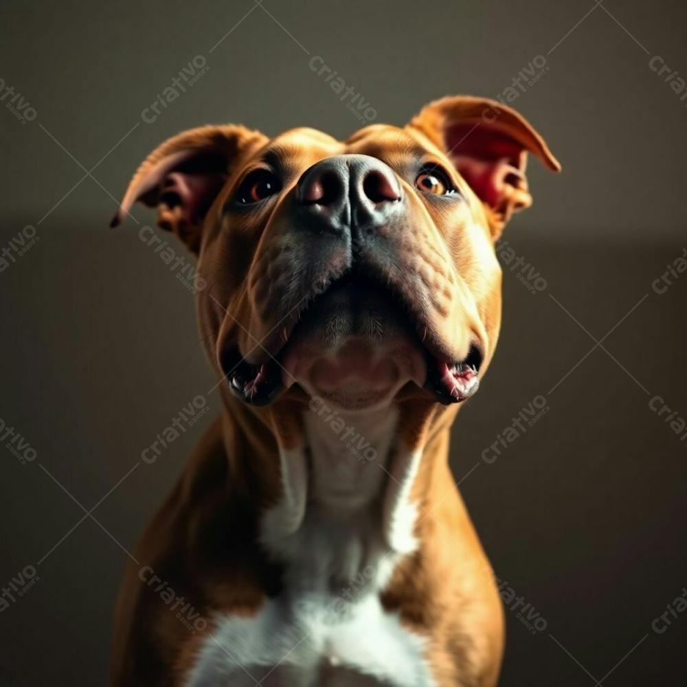 Photorealistic Image Of A Pitbull Dog Looking Up From A Low Angle Perspective, Bright Vibrant Colors, Dramatic Lighting, Lively And Energetic Atmosphere