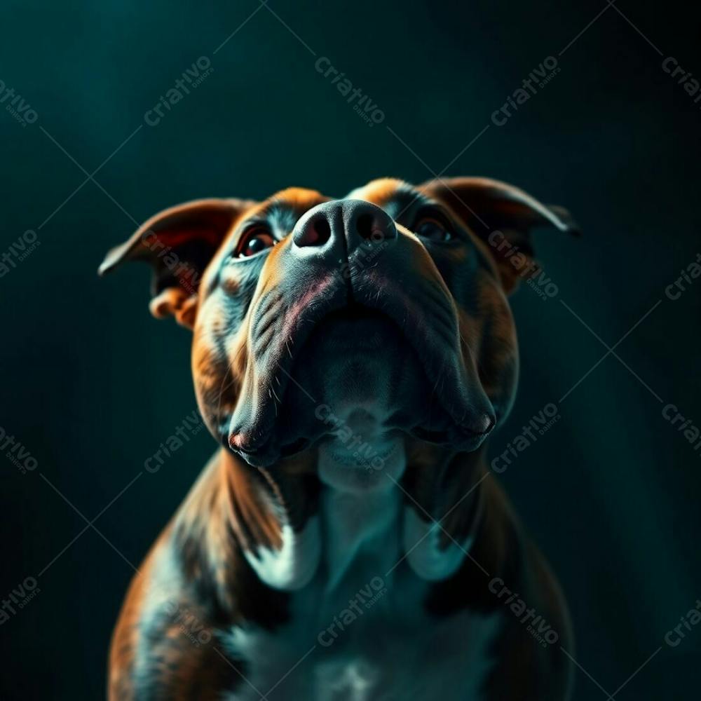 Photorealistic Image Of A Pitbull Dog Looking Up From A Low Angle Perspective, Rich Deep Teal Tones, Dramatic Lighting, Luxurious And Vibrant Atmosphere