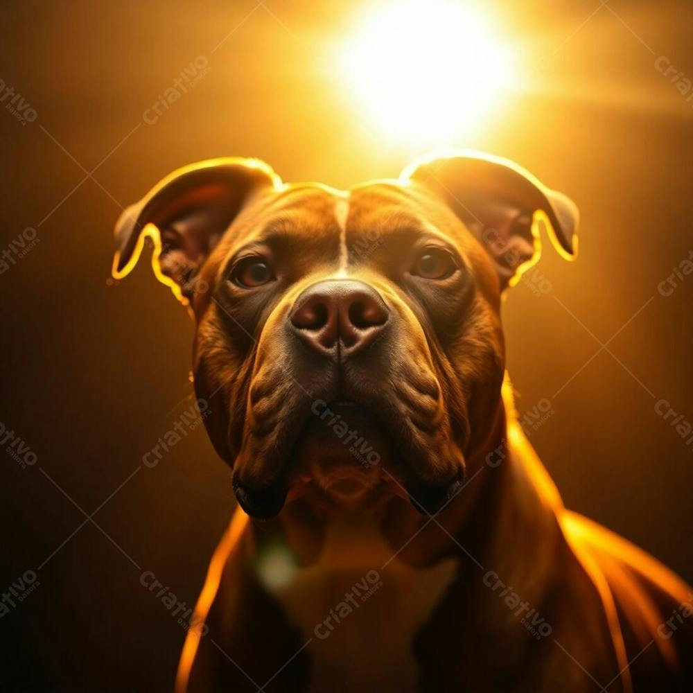 Photorealistic Image Of A Pitbull Dog, Warm Golden Glow, Dramatic Cinematic Lighting, Film Like Composition, Radiant And Luxurious Appearance