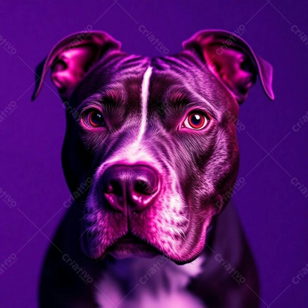 Photorealistic Image Of An Adorable Pitbull Dog, Deep Ultraviolet And Vivid Purple Hues, High Contrast, Charming Facial Features, Sharp Focus