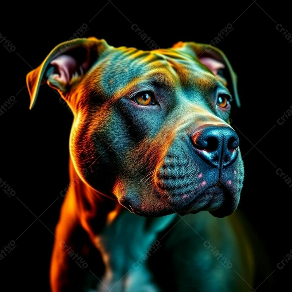 Photorealistic Pitbull, Vivid Electric Color Scheme, Elegant Pose, Refined Facial Features, Smooth Fur, Sharp Details, Shallow Depth Of Field