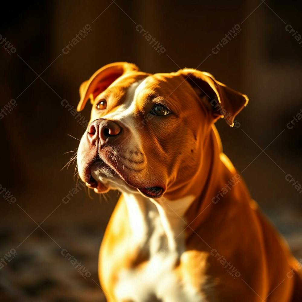 Realistic Photo Of A Pitbull, Warm Golden Glow, Cinematic Style, Film Like Composition, Radiant And Luxurious Lighting