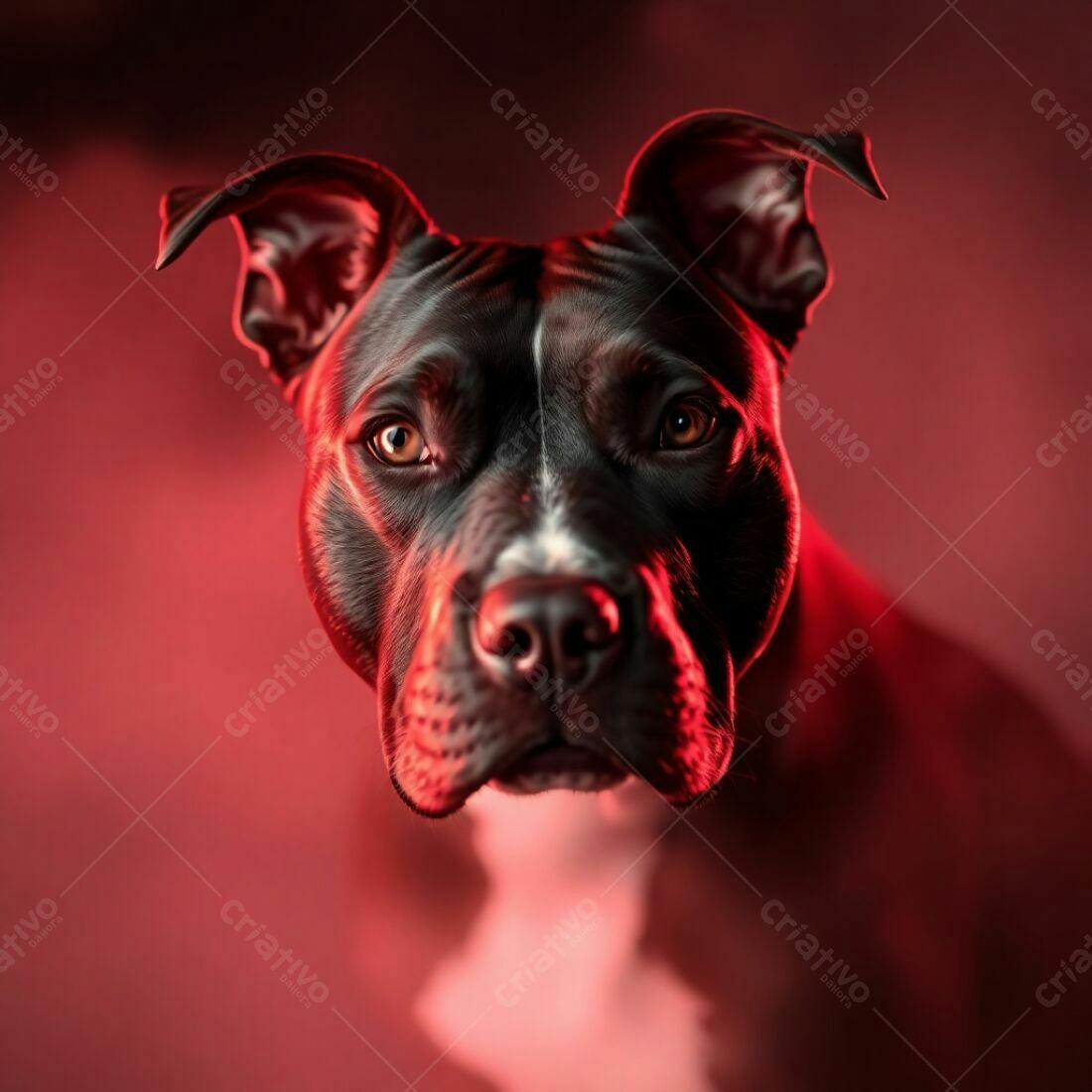 Pitbull preto em fundo vermelho intenso