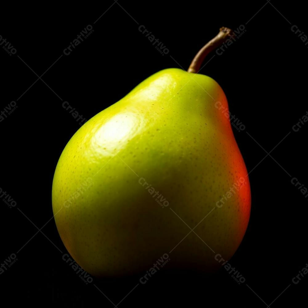 Photorealistic Image Of A Vibrant Green Pear, Inviting And Beautiful, Set Against A Black Background. Intense Dramatic Lighting With Warm Reds, Oranges, And Yellows Creating High Contrast And Tension. Focus