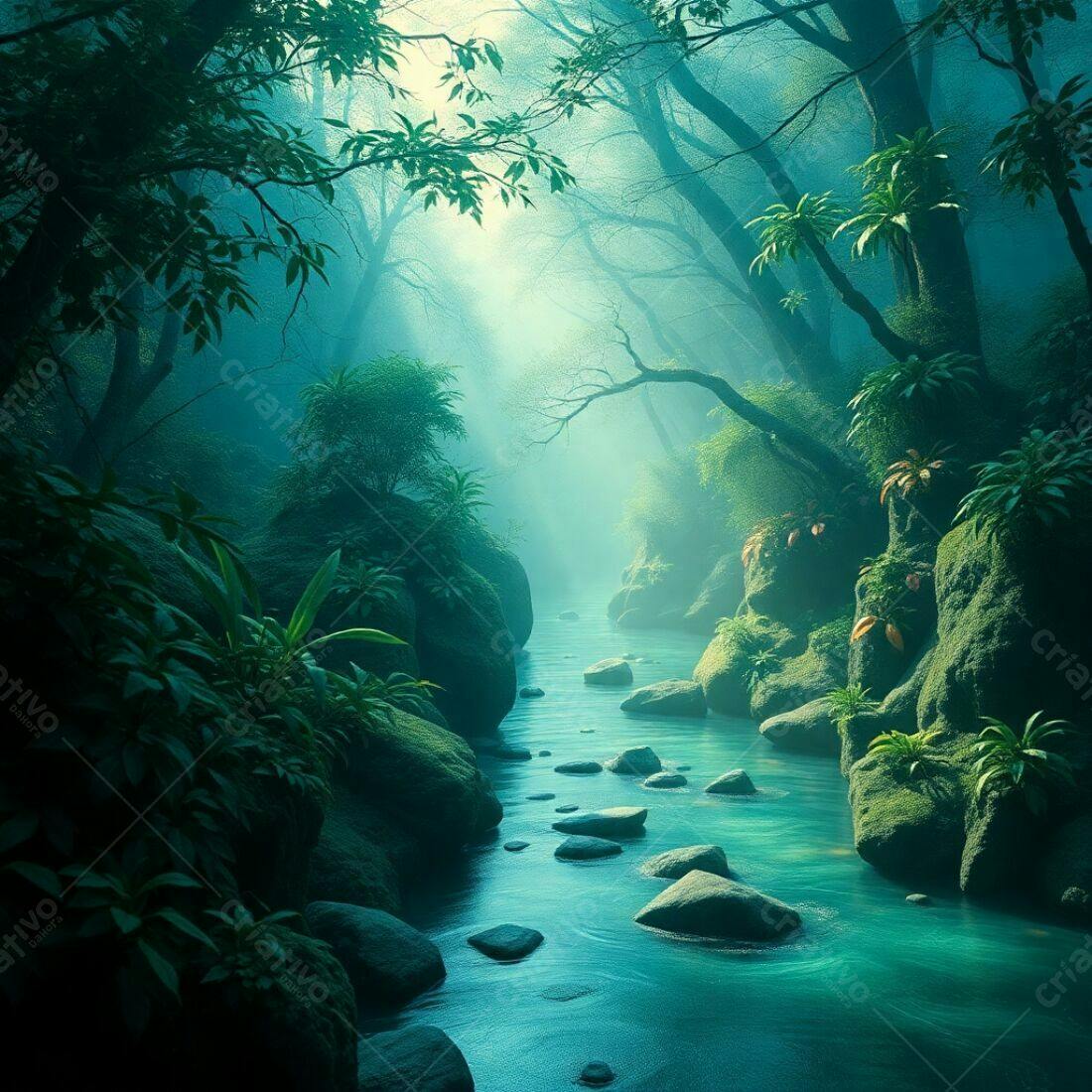 Rio Envolto em Névoa em Floresta Tropical