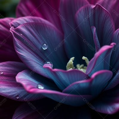 A Photorealistic Close Up Of A Deep Teal Flower, Luxurious And Vibrant, With Visible Dew Drops And Intricate Petal Details