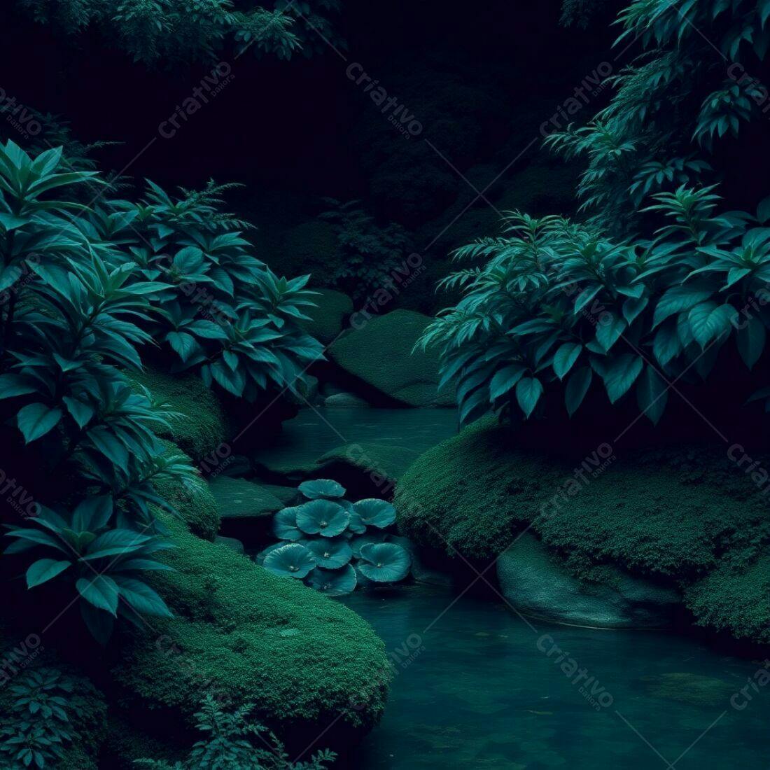 Jardim Japonês Escuro com Riacho e Musgo