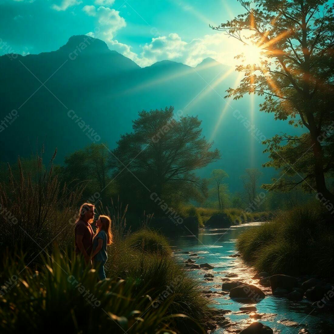 Casal apaixonado rio montanhas pôr do sol