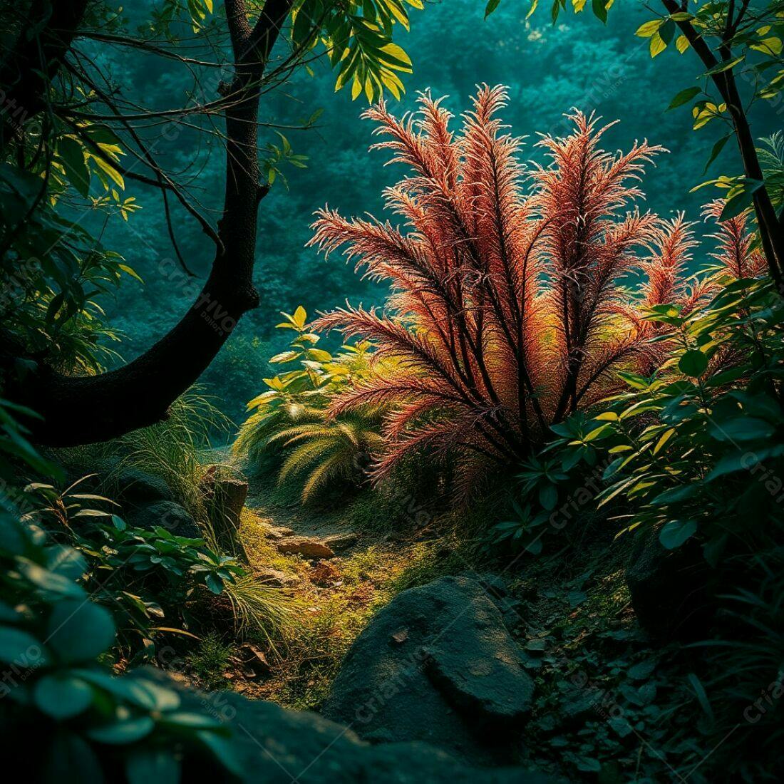 Jardim Encantado com Planta Vermelha e Verde