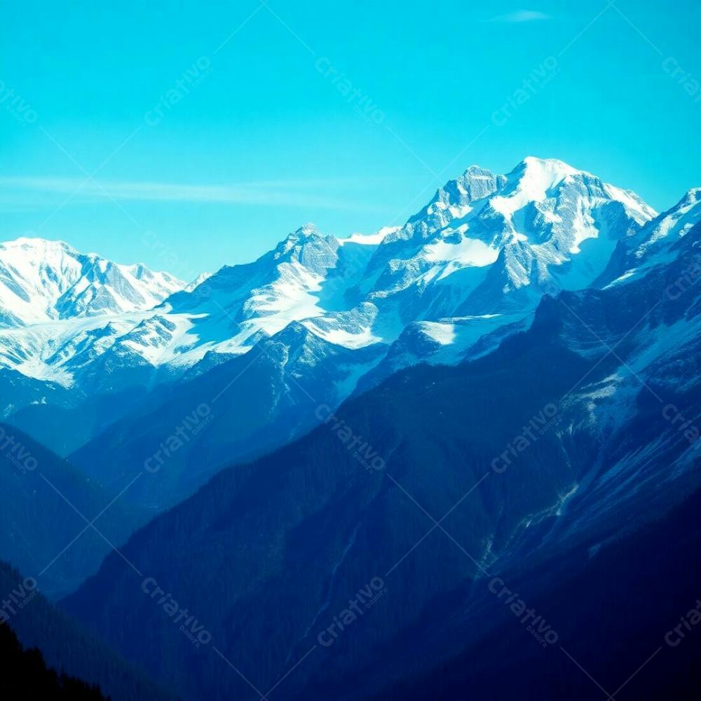 A Photorealistic Image Of A Deep Teal Mountain Range, Luxurious And Vibrant, With Snow Capped Peaks And A Clear Sky