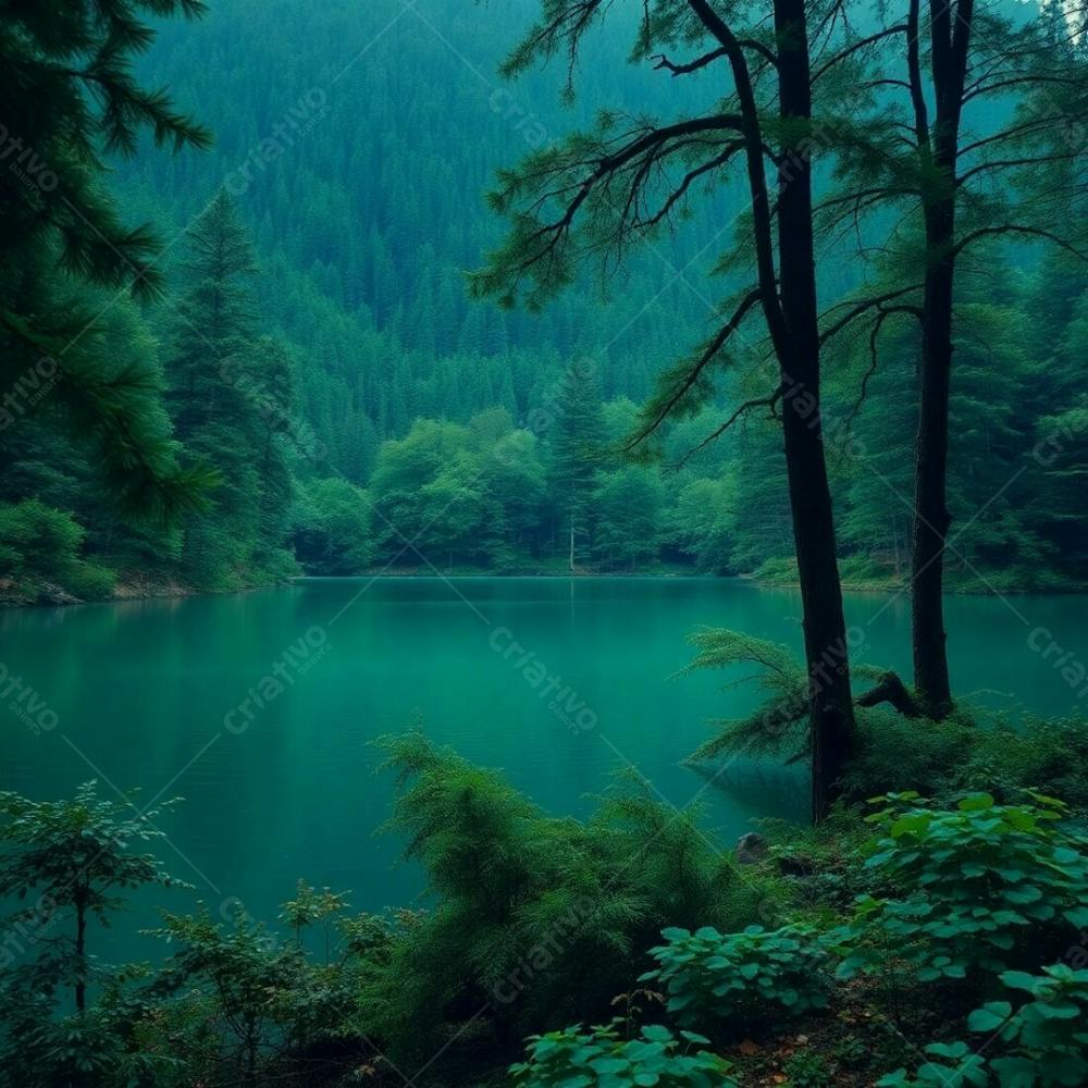 A Photorealistic Image Of A Nature Scene In Rich Deep Teal, Luxurious And Vibrant, Depicting A Tranquil Lake Or Forest With A Calming Atmosphere