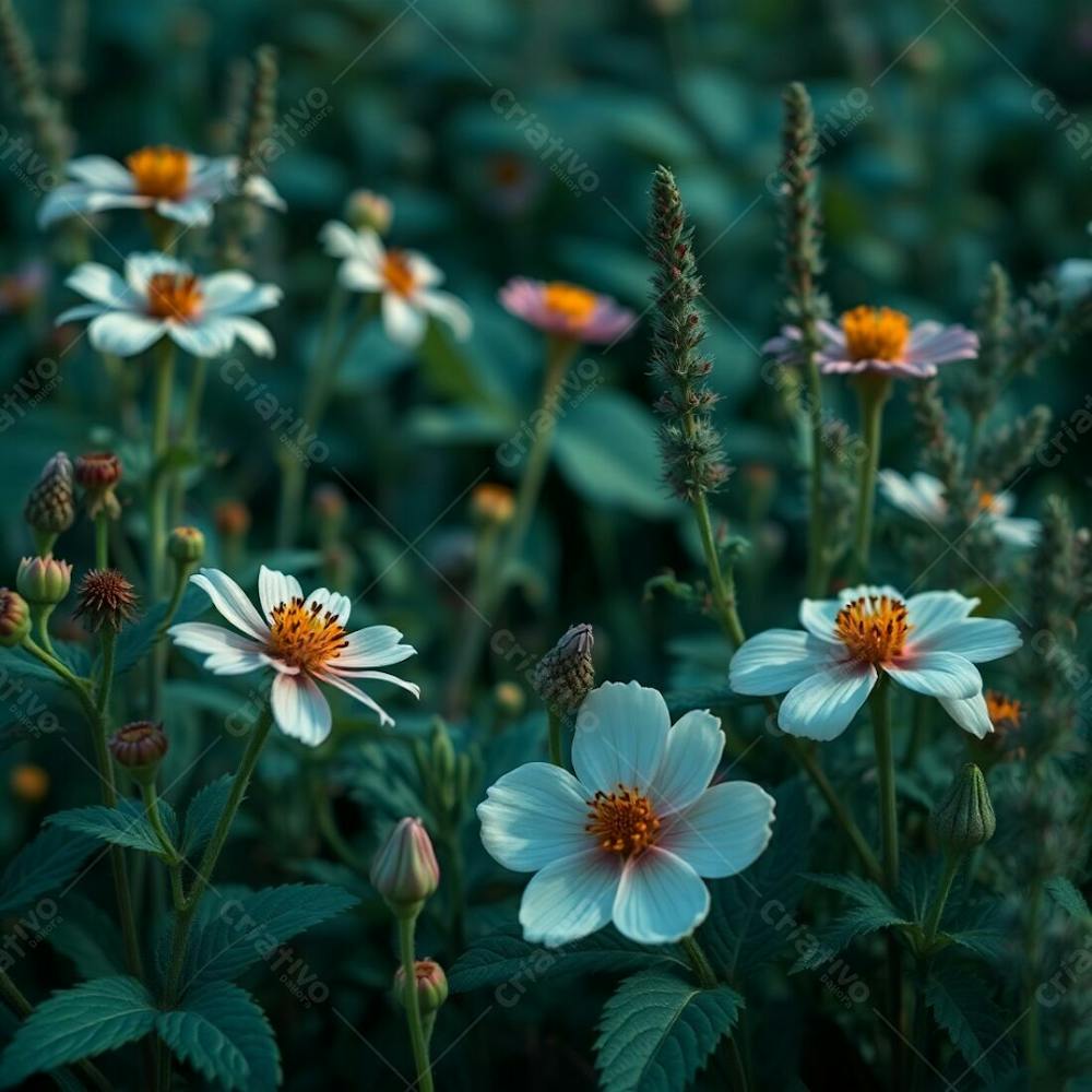 A Photorealistic Image Of A Nature Scene In Rich Deep Teal, Luxurious And Vibrant, Highlighting The Intricate Details Of Flowers And Plants With A Macro Perspective