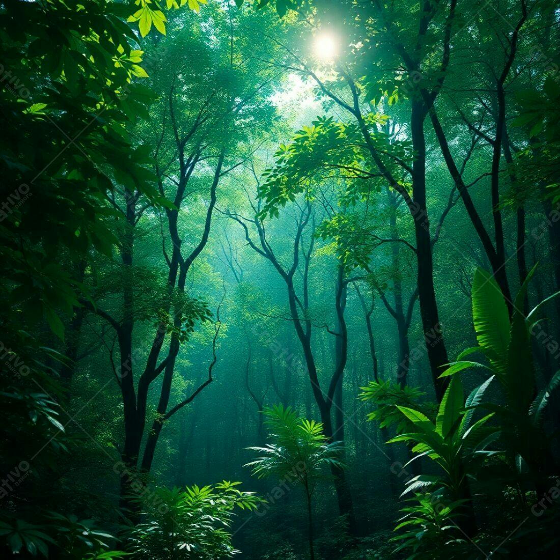 Floresta Verde Misteriosa com Sol