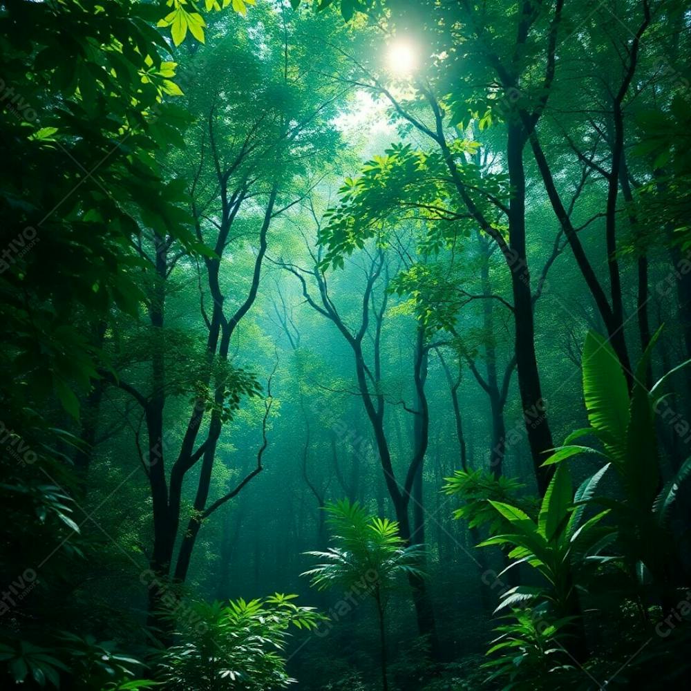 A Photorealistic Image Of A Vibrant Deep Teal Forest, Luxurious And Vibrant, With Sunlight Filtering Through The Leaves And Illuminating The Scene