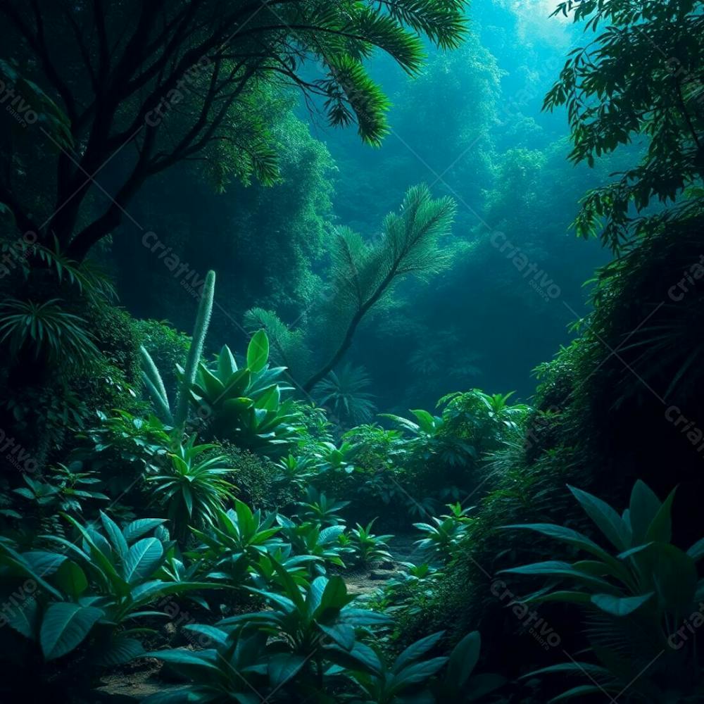 A Photorealistic Image Of Lush Nature In Rich, Deep Teal Tones, Luxurious And Vibrant, Showcasing A Detailed Landscape With Vivid Textures And Light Play