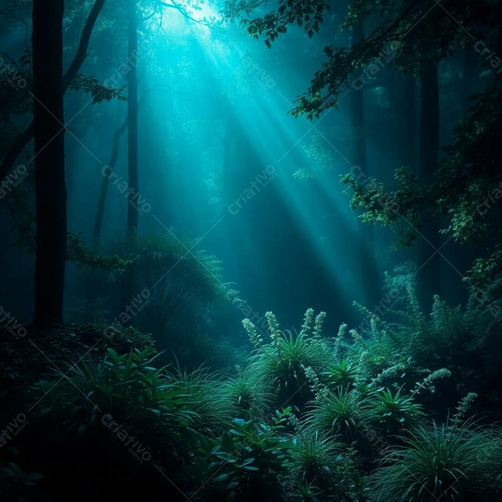 A Photorealistic Image Of Nature Bathed In Luxurious Rich Deep Teal Light Showcasing A Sense Of Depth And Vibrancy