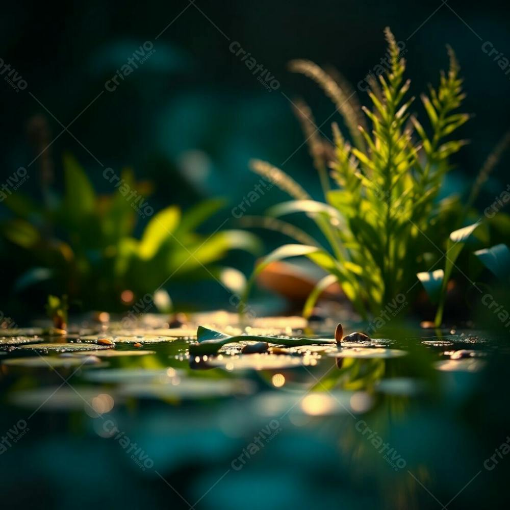 A Photorealistic Image Of Nature Bathed In Rich Deep Teal Light, Luxurious And Vibrant, Showcasing Intricate Details Of Plants And Water With A Shallow Depth Of Field