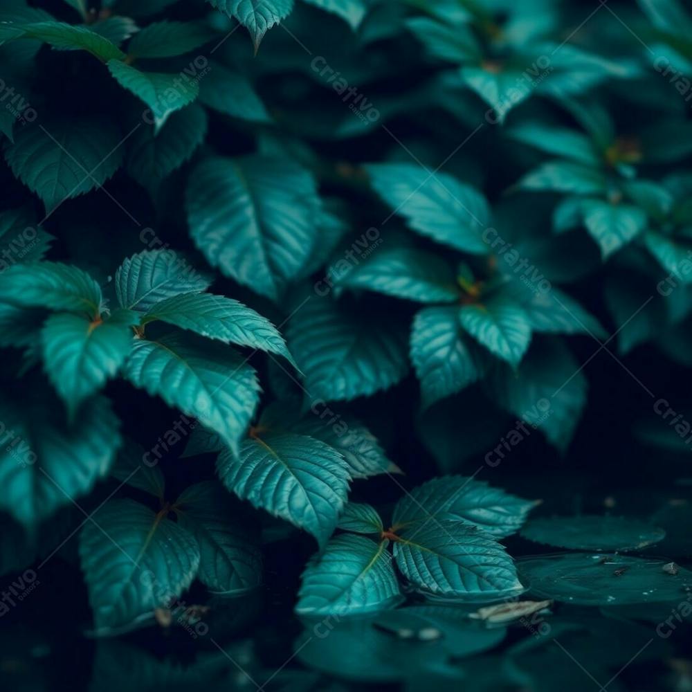 A Photorealistic Image Of Nature In Rich Deep Teal, Luxurious And Vibrant, Emphasizing The Textures And Details Of Leaves And Water With A Shallow Depth Of Field