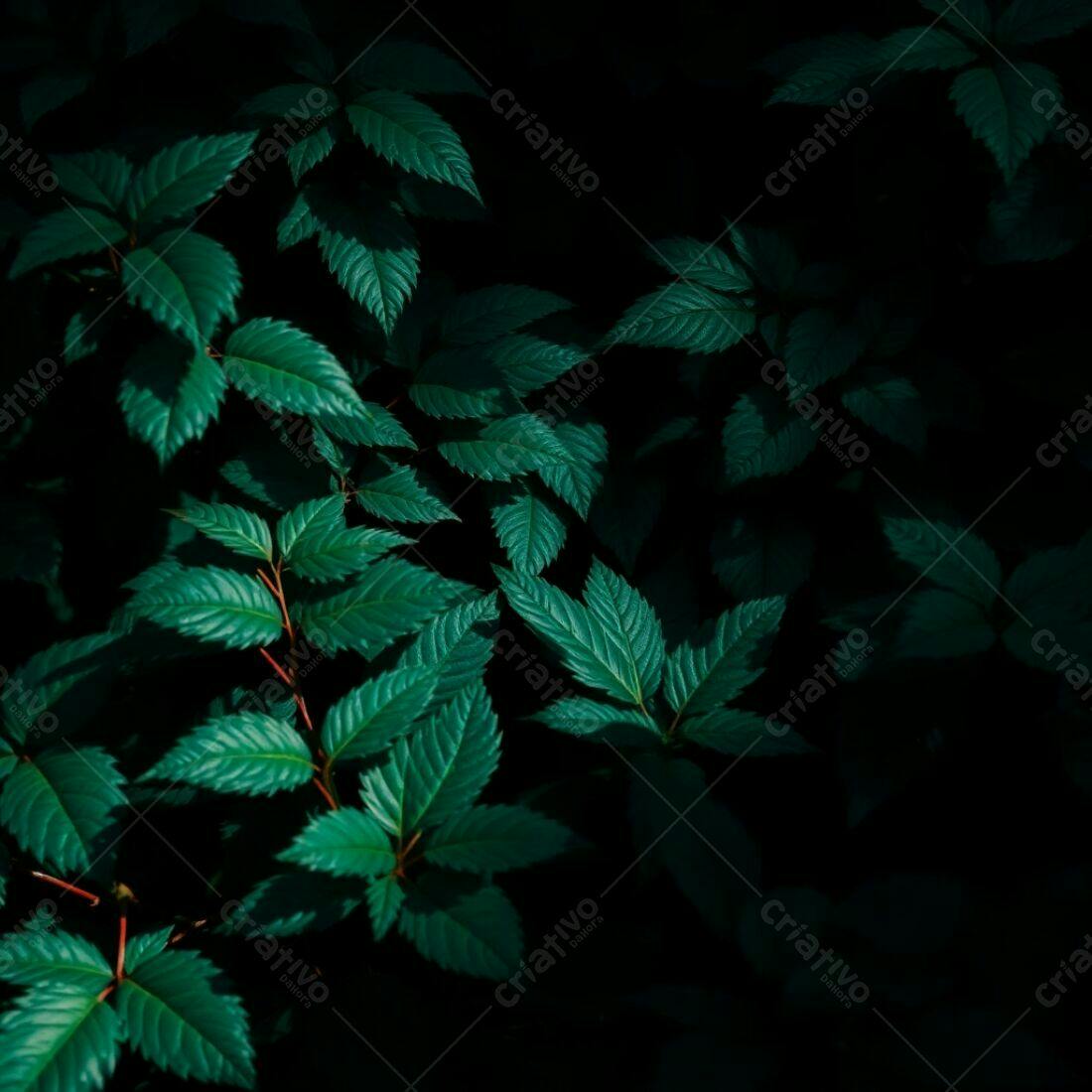 Folhas verdes escuras em fundo preto