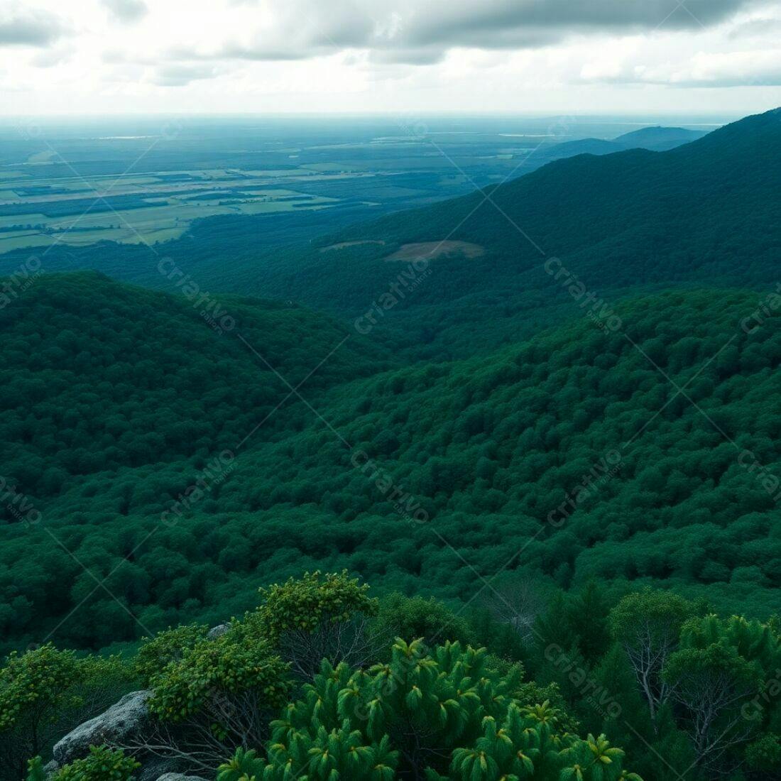 Paisagem montanhosa verdejante sob céu nublado