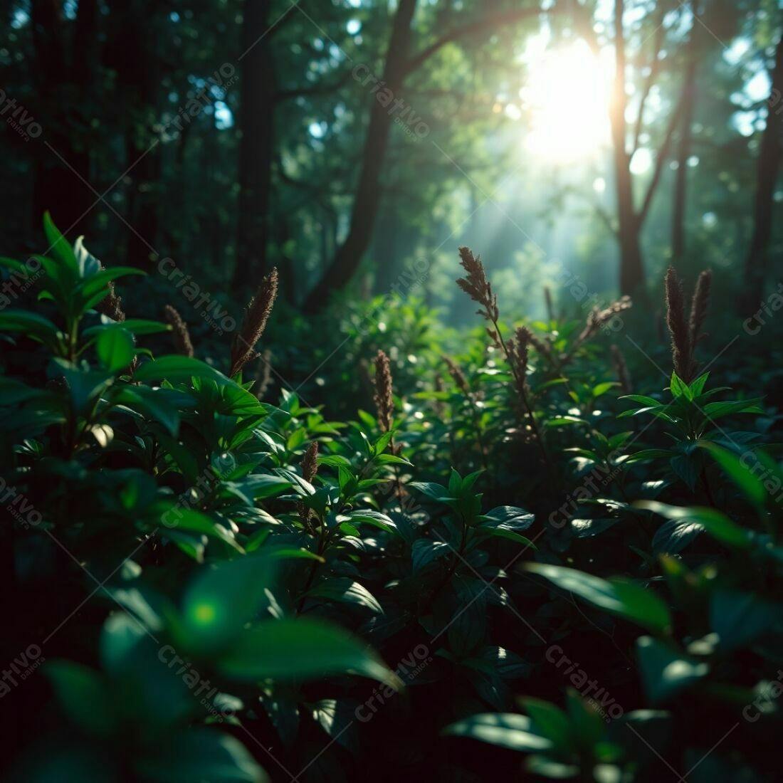 Folhagem verde em floresta ensolarada