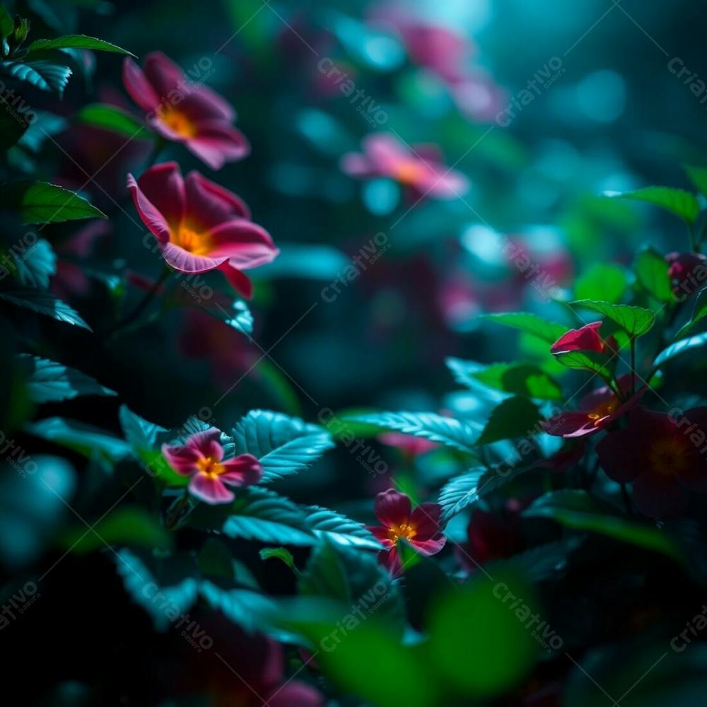 A Photorealistic Image Of Vibrant Nature Bathed In Rich Deep Teal Light, Luxurious And Vivid, With A Focus On The Intricate Details Of Leaves And Flowers, Using A Shallow Depth Of Field For A Dreamy Effec