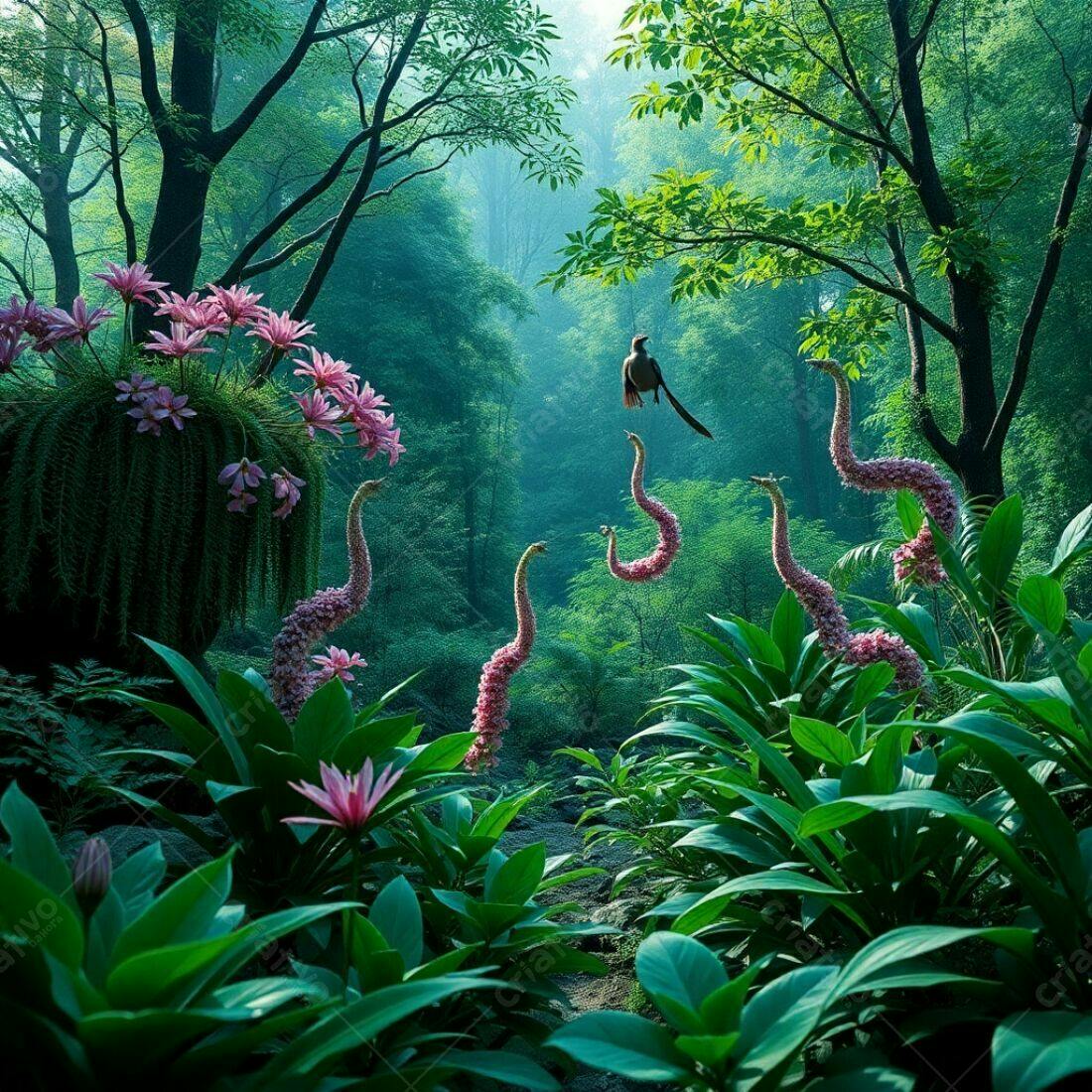Pássaro em Jardim Encantado com Flores Rosa e Verde
