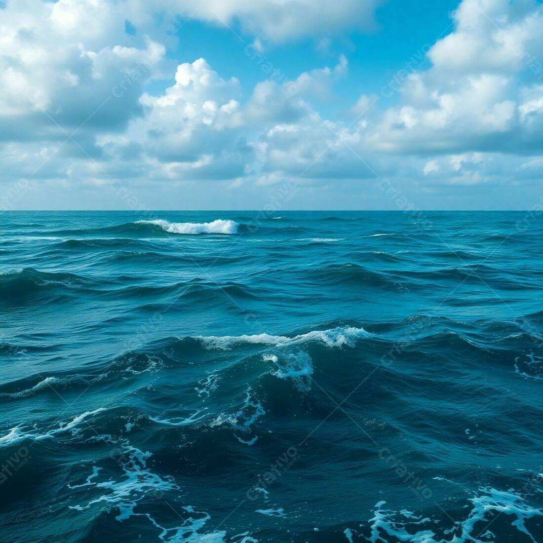 Mar azul com ondas suaves e céu nublado