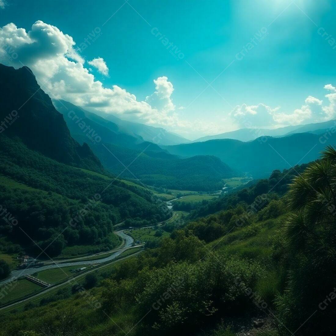 Paisagem montanhosa verdejante com rio