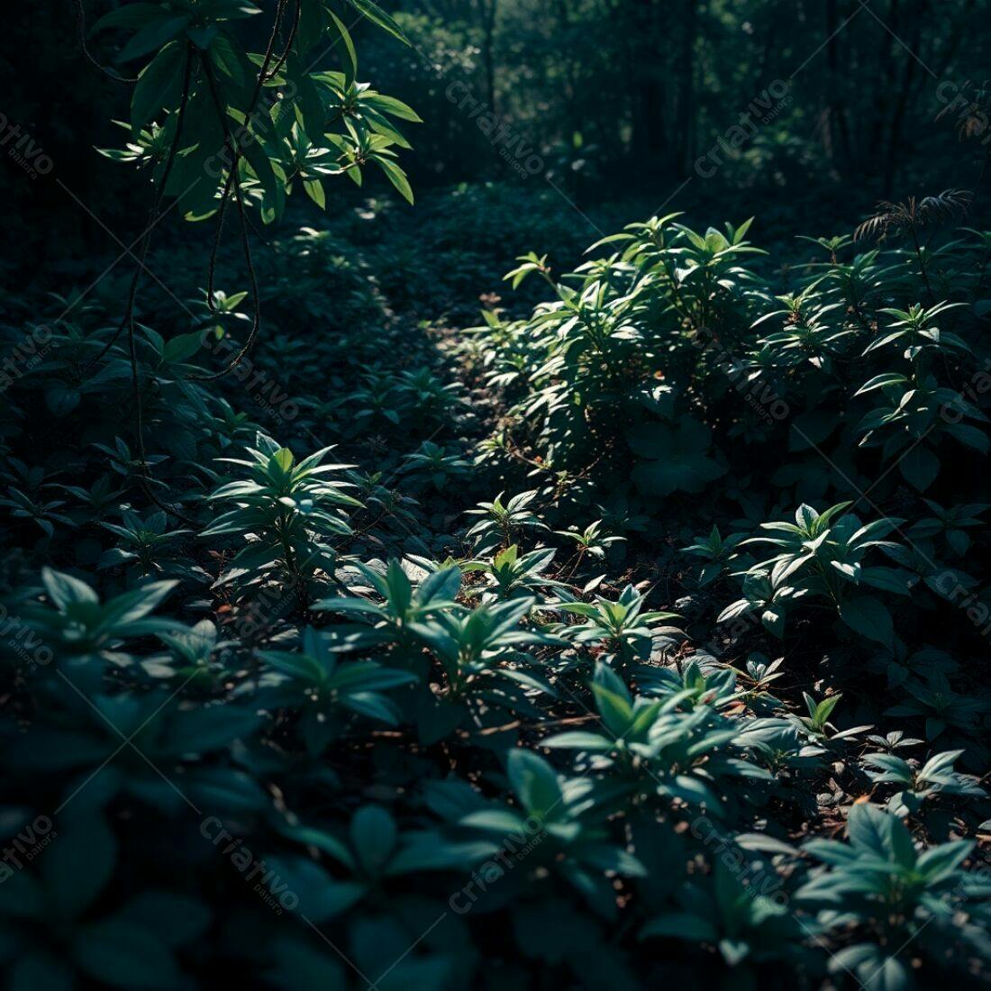 Folhagem verde escura em floresta sombreada