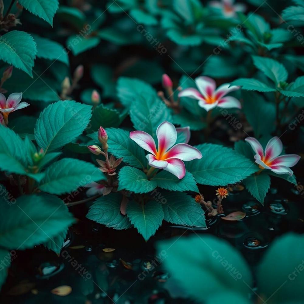 Luxurious And Vibrant Photorealistic Image Of Nature In Rich Deep Teal Hues, Focusing On The Intricate Details Of Leaves, Flowers, And Water, With Sharp Focus And Natural Lighting