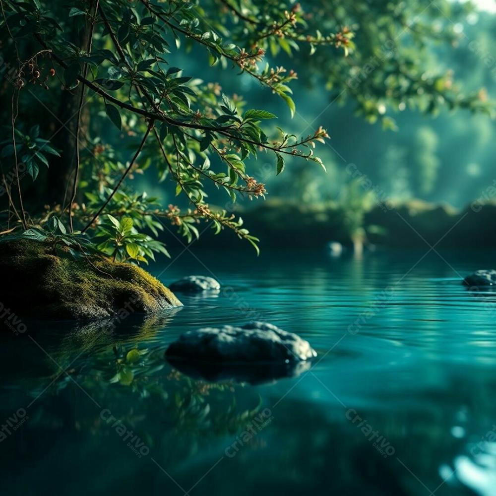 Luxurious And Vibrant Photorealistic Image Of Nature In Rich Deep Teal, Showcasing Detailed Textures And Lighting Effects, With A Focus On Water Reflections