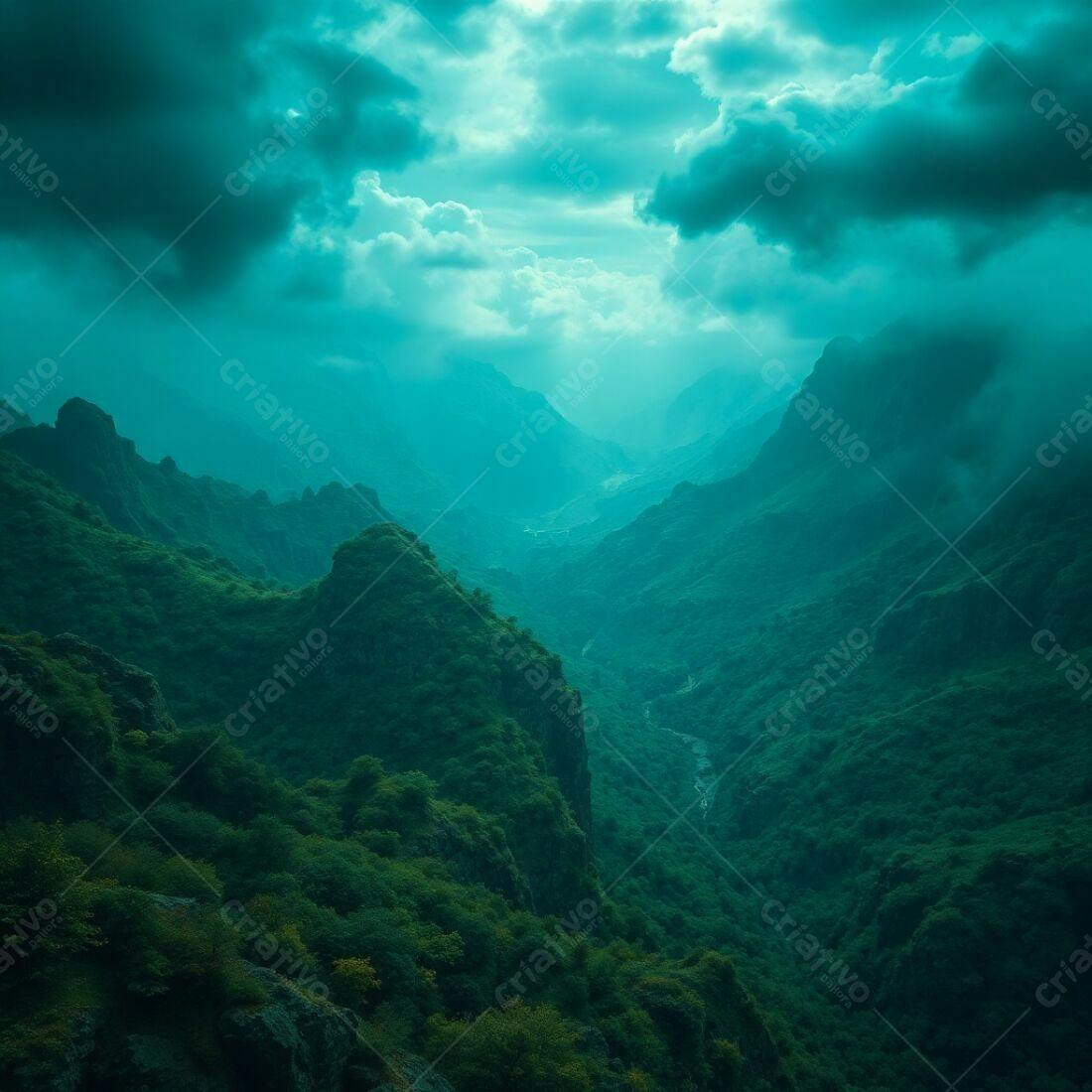 Paisagem montanhosa verde sob céu turquesa