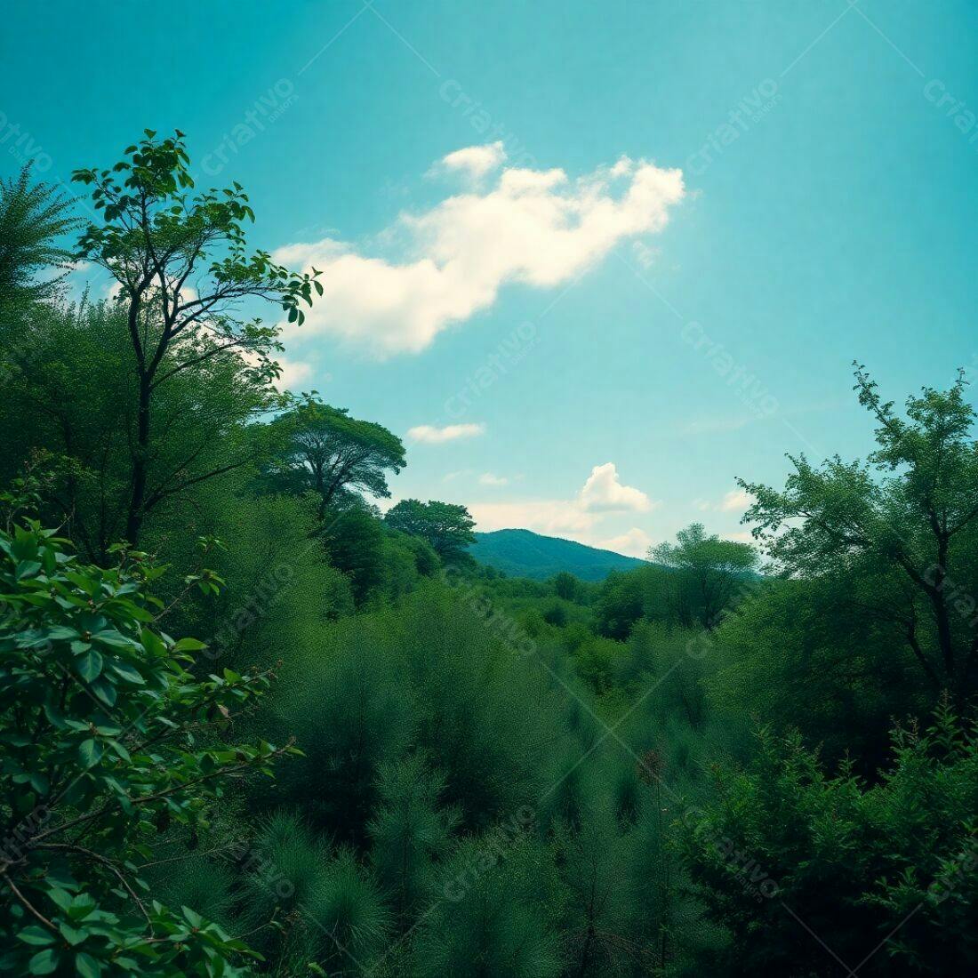 Paisagem verdejante com céu azul e montanha ao fundo