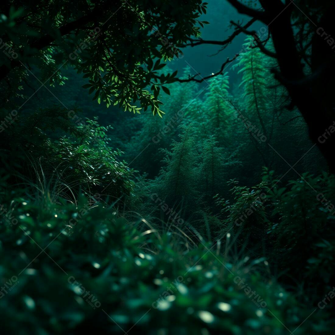 Floresta verde escura em tons azulados