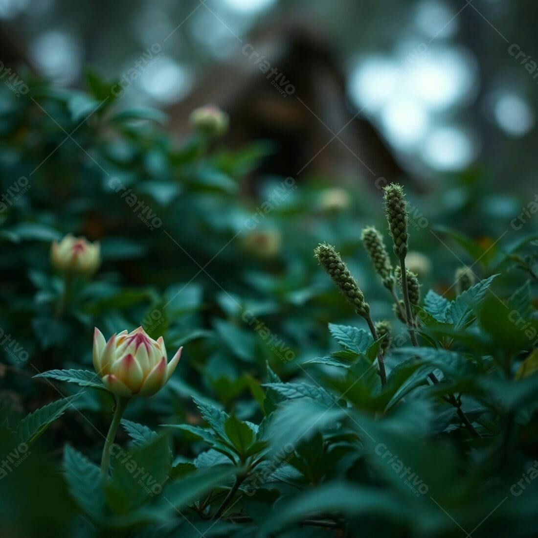 Flor amarela e verde em jardim escuro