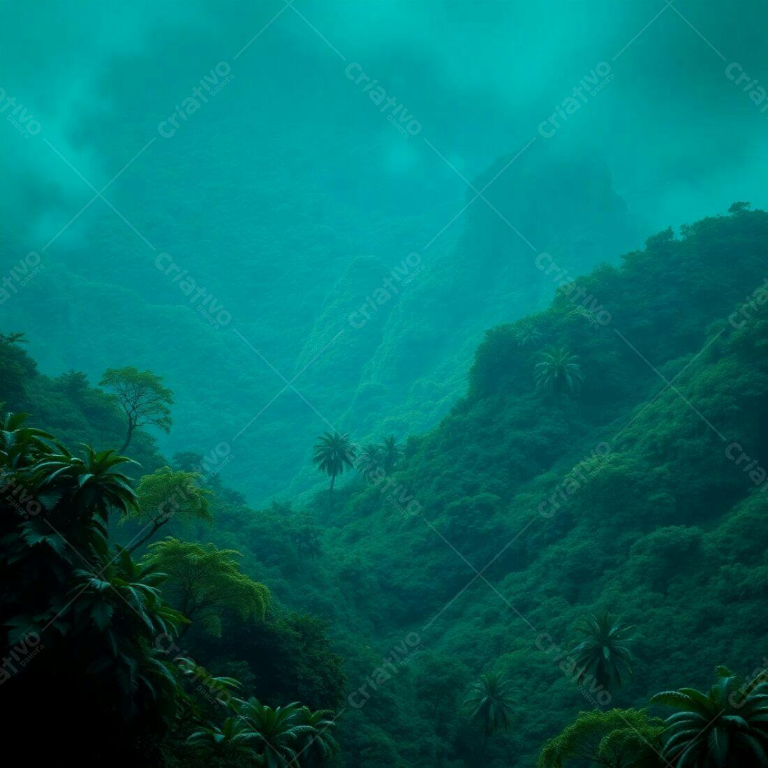 Vale tropical verdejante sob neblina