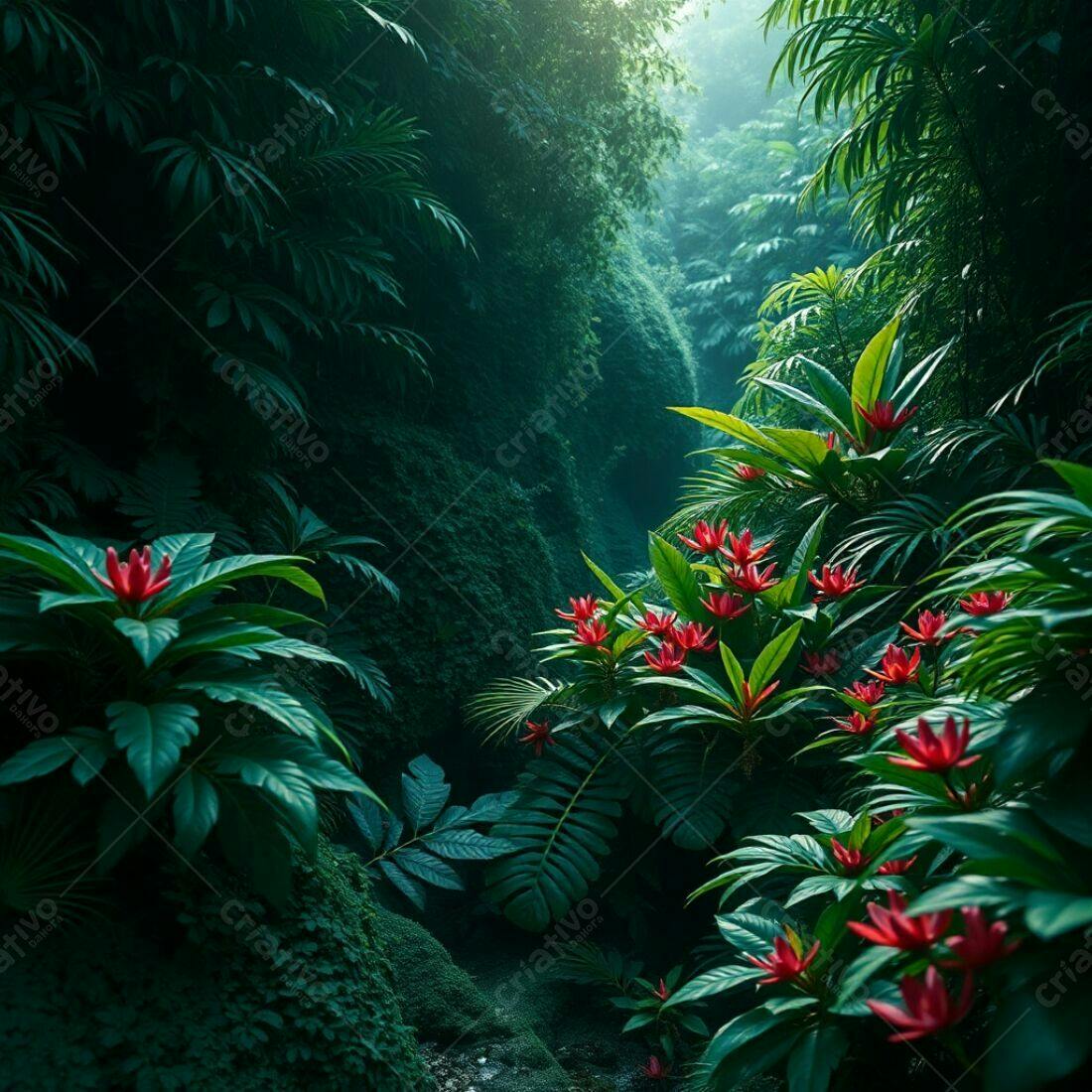 Floresta tropical com flores vermelhas vibrantes