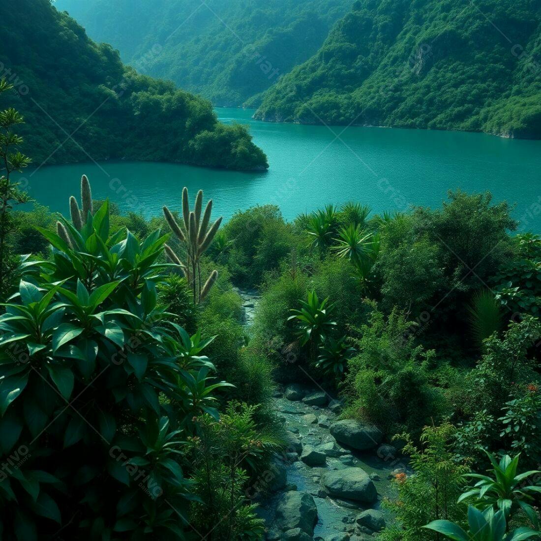 Lagoa verdejante em meio a montanhas tropicais