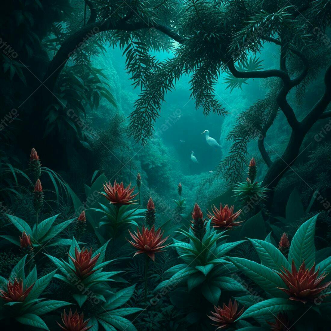 Paisagem Tropical com Aves Brancas e Flores Vermelhas