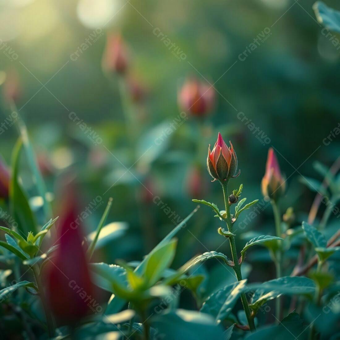 Broto de flor vermelha em jardim ao entardecer