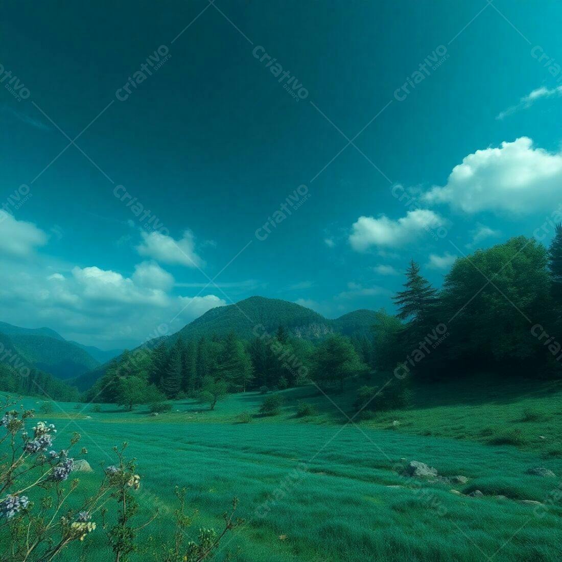 Paisagem verdejante com montanhas e céu azul