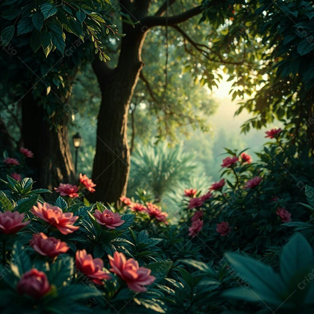 Flores cor-de-rosa em jardim tropical ao amanhecer